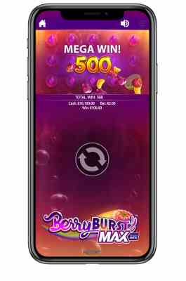 onlinecasino.nl
Afbeelding mobiele telefoon met full screen een Mega Win op Berry Burst Max videoslot